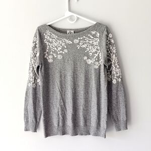 Rain + Rose Angora Sweater Embroidery Long Sleeves Floral Grey White Small